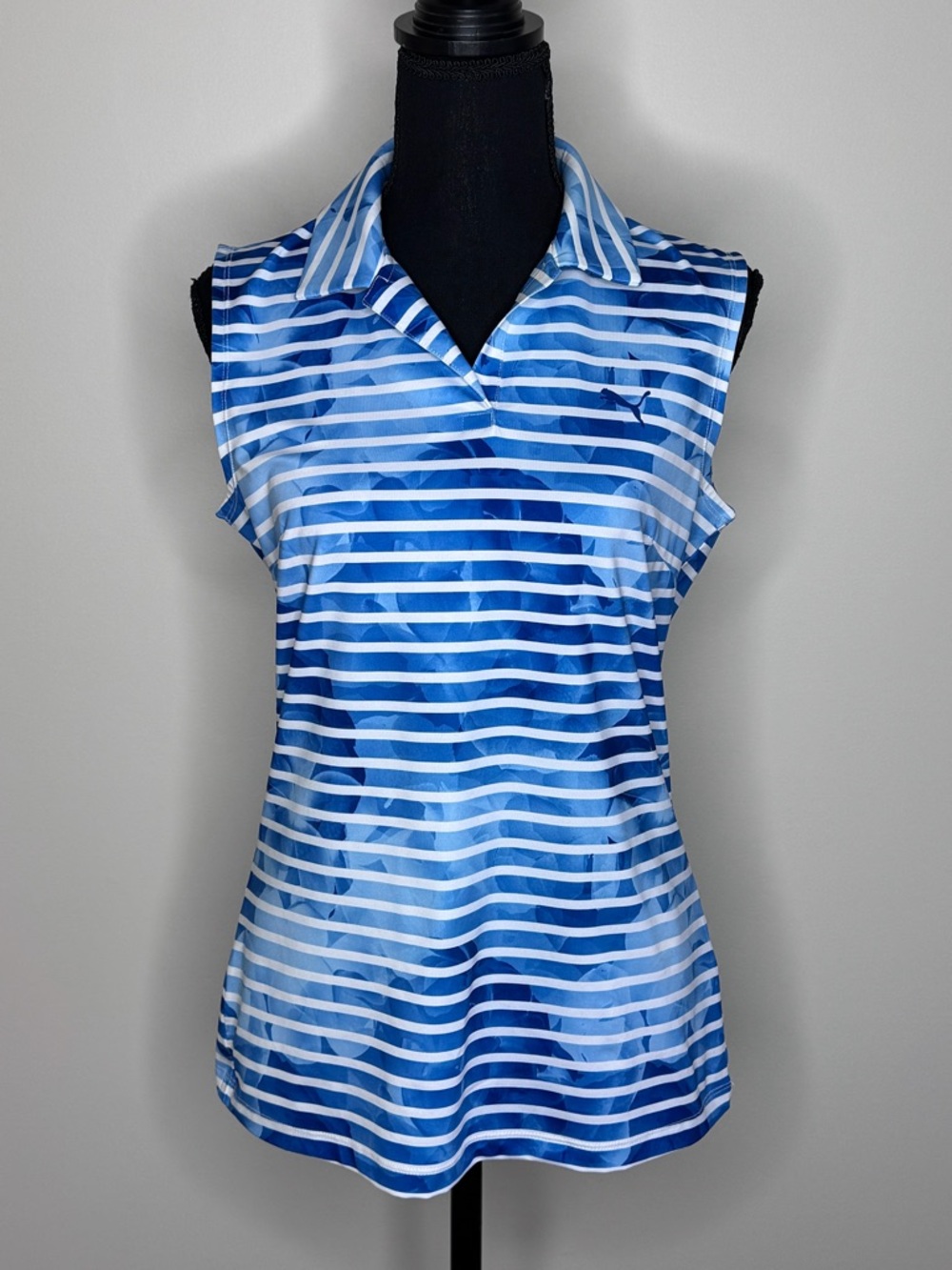 Puma Tank Top Womens Small Blue White Stripes Floral Stretch Dry Cell Tech Golf